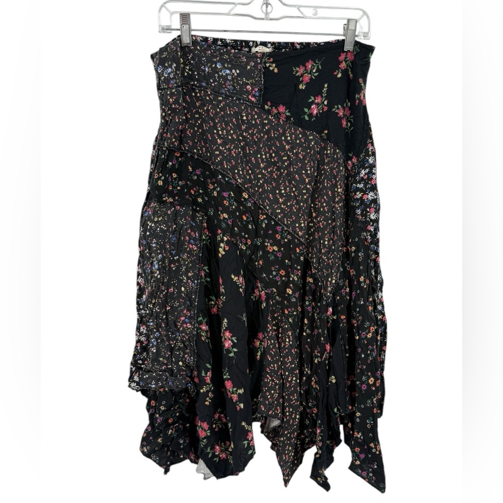 Black Floral Patchwork Midi Skirt Handkerchief hemline
